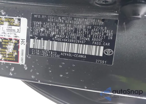 2008 Toyota Camry Le из США, поврежденный, VIN 4T4BE46KX8R028467